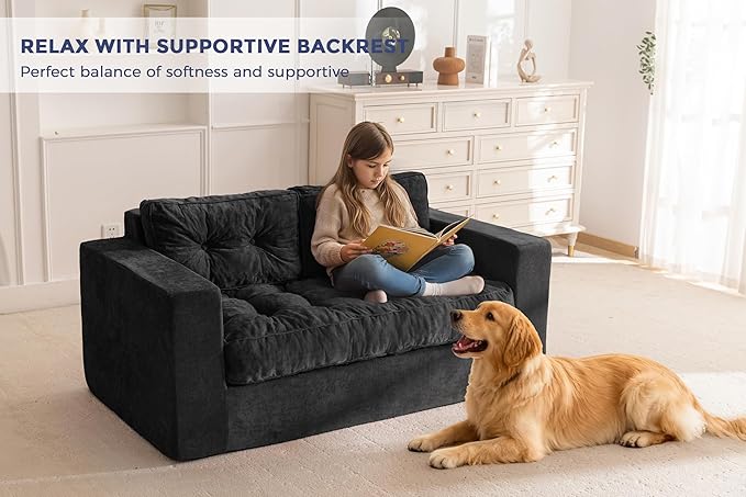 MAXYOYO Boneless Sofa Couch Loveseat Sofa for Small Space Tufted 2-Seater Floor Couch Bean Bag Chair for Living Room Bedroom Apartment Sofa in a Box No Assembly Needed Black