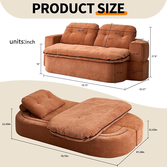JustYes 78.7'' Convertible Boneless Couch Bed - Pull-Out Lazy Lounge Sleeper Sofa Memory Foam Folding Futon for Living Room Bedroom Dorm &amp Office Brown