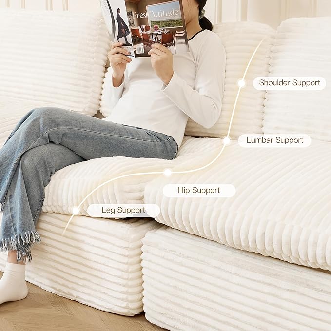 Boneless Sectional Cloud Couch with Deep Seat Plush Corduroy Modular Sectional Sofa Convertible L Shaped Couches for Living Room. White Sofa.