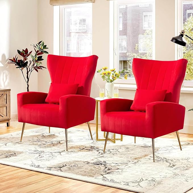 Velvet Accent Arm Chair Mid-Century Modern Living Room Chair Wingback Bedroom Side Chair with Gold Legs &amp Pillow Button-Tufted Red