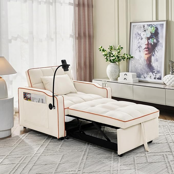 3 in 1 Convertible Sleeper Chair Bed with USB Ports Cup Holder and Phone Stand Velvet Pull Out Futon Sofa Beds Adjustable Backrest Single Sofa Chair for Small Spaces Living Room Office (Beige)