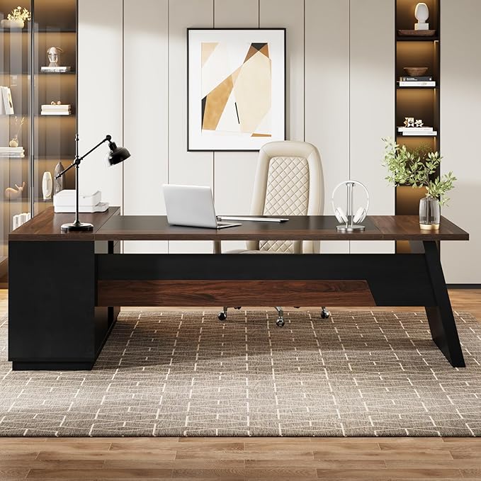 Tribesigns L-Shaped Executive Desk 78-Inch Large Office Desk with Drawers and Lateral File Cabinet Modern Business Furniture with Storage Shelves Workstation for Home Office (Walnut + Black)