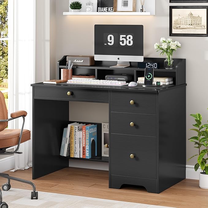 TTVIEW Computer Desk with Drawers and Hutch Shelf Wood Executive Desk Writing Study Table with 43” Wide Tabletop Small Desk with File Drawer for Home Office Bedroom Black