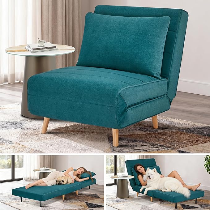 3 in 1 Sleeper Chair Bed Foldable Convertible Chair with Thickened Cushion and Sponge OTE Chenille Fabric Adjustable Backrest Upholstered Accent Sofa for Apartment/Bedroom/Office - Peacock Blue