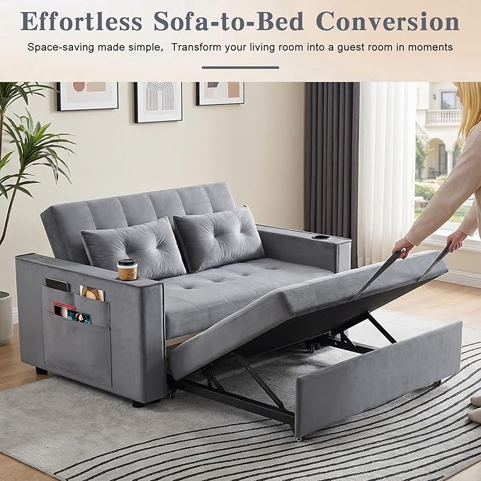 3 in 1 Convertible Sofa Bed with Charging Station Cup Holder Pillow Side Pocket Adjustable Backrest 70 Pull Out Sofa Couch Loveseat Sleeper for Living Room Apartment (Wood-Frame Grey) | Convert