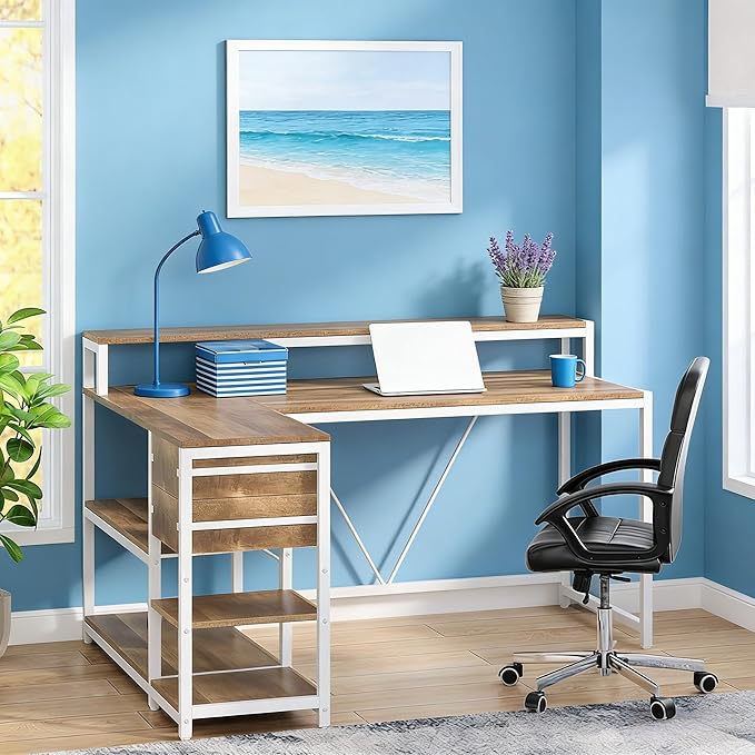 55 Inch Computer Desk with Monitor Stand L-Shaped Home Office Desk with Storage Drawers Reversible Gaming Writing Study Table for Home Office Bedroom (White+Oak)