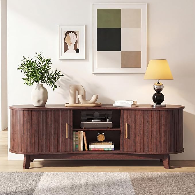 Mid-Century Modern TV Consoles with Sliding Doors 59.4 Fluted TV Stand with Power Outlet and Open Shelves Entertainment Center for Living Room Bedroom Red Brown
