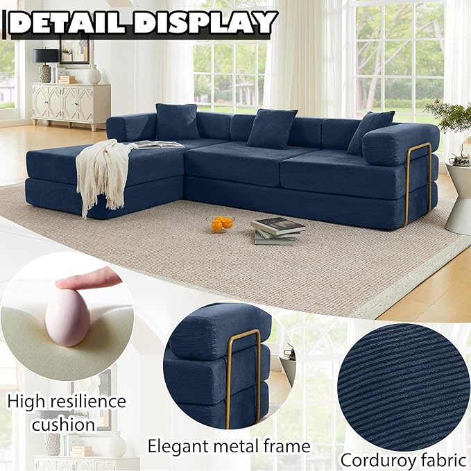 78 Inch Convertible Sleeper Sofa Bed Folding Floor Mattress Couch with Fixed-Shape Frame Futon Boneless Couch Lounge Loveseat with Pull Out Bed No Assembly Required (Blue 108 L-Shaped Sofa Bed)