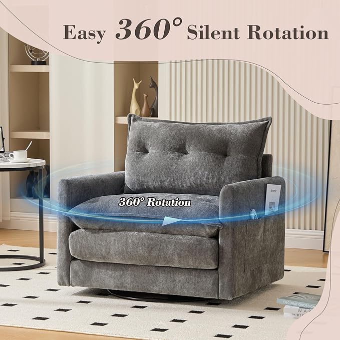Swivel Accent Chairs for Living Room 36.2 Comfy Swivel Chair with Solid Metal Base Single Sofa with Pillows &amp Side Pockets (Gray)