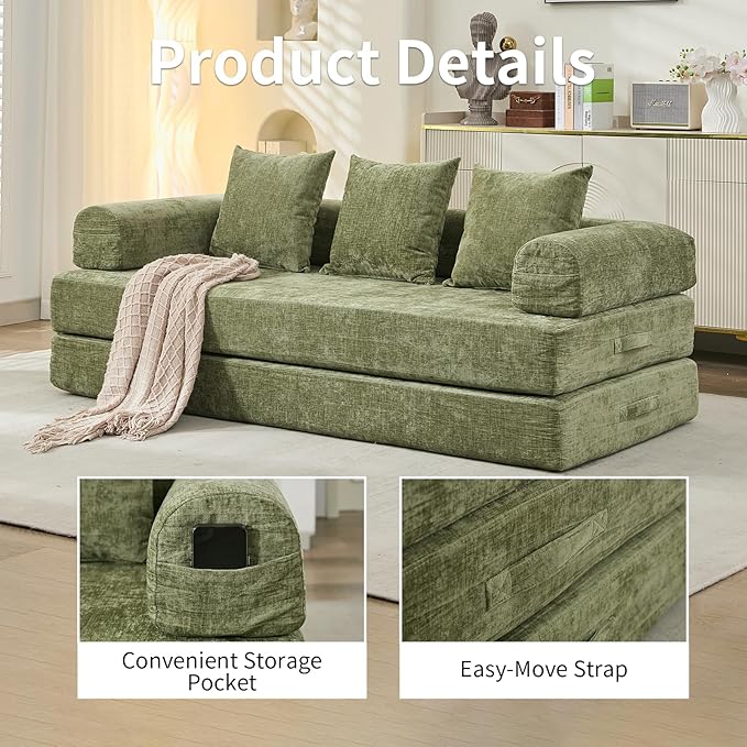 Convertible Sofa Bed 4-in-1 Floor Foldable Couch Bed with Armrests &amp Pillow Chenille Fabric No Assembly Required Comfy Memory Foam Couch Lounge Sofa for Living Room Green
