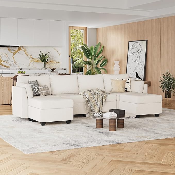 114.17 Modular Sectional Sofa 6 Seat Sectional Couches with Storage Memory Foam Convertible Modular Couch for Living Room U Shaped Comfy Modular Sofa with Chaise Beige
