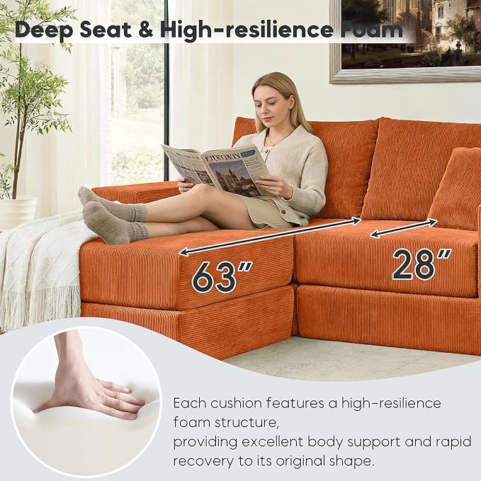 Modular Cloud Sectional Sofa Couch for Living Room Comfy Corduroy Sleeper Sofa Bed with Reversible Chaise Modern L-Shaped Sleeper Couch Bed with Deep Seat Orange
