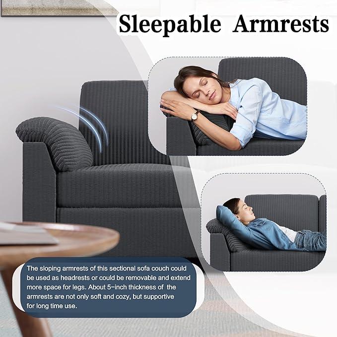 Meilocar Sectional Couches for Living Room L Shaped Couch with Side Storage Pockage Comfortable 3 Seat Sofa Couches for Apartment Grey