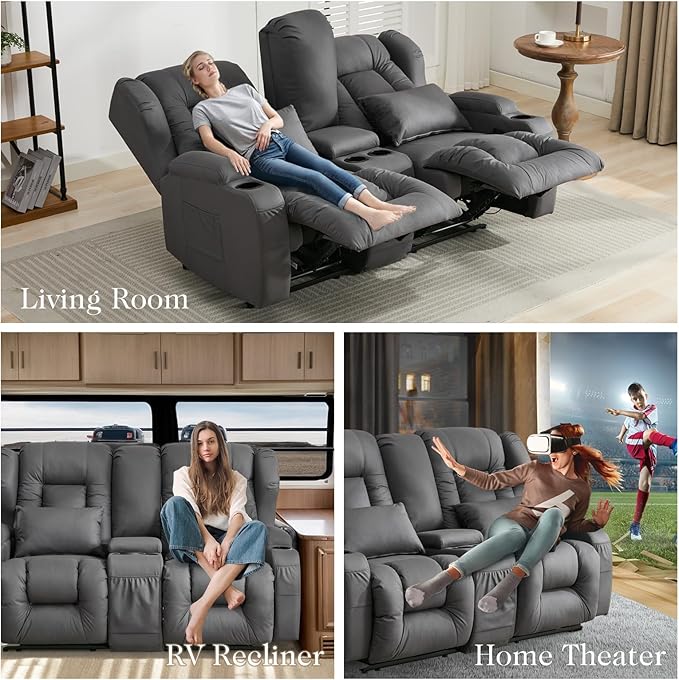 Loveseat Recliner SofaRV Wall Hugger Recliners for Small SpacesReclining Loveseat Sofa Recliner with Cup Holders/Lumbar PillowsRV Furniture (Gray Loveseat with Console)