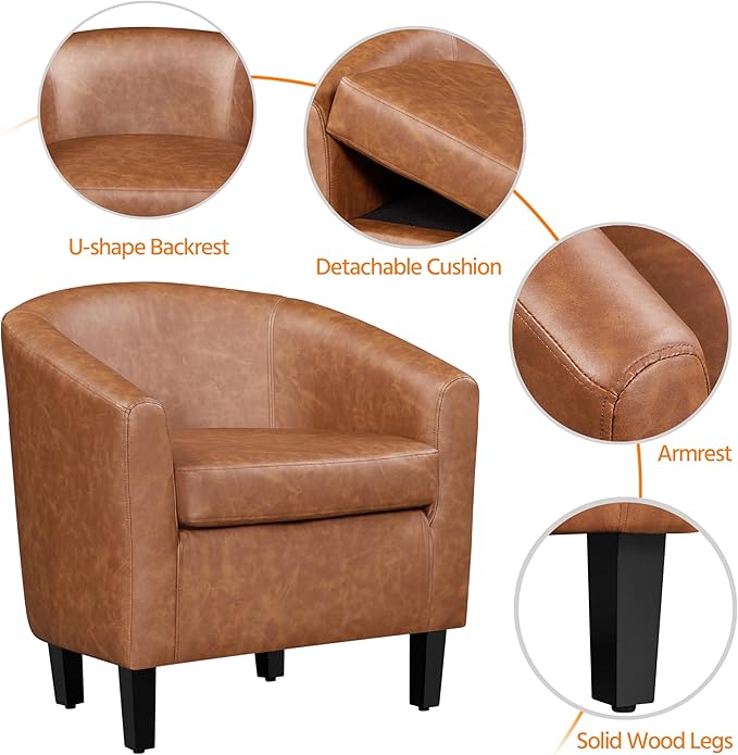 Yaheetech Brown Accent Chairs Set of 2 Faux Leather Barrel Chairs Comfy Modern Leather Club Armchairs with Soft Seat for Living Room Bedroom Reading Waiting Room Brown