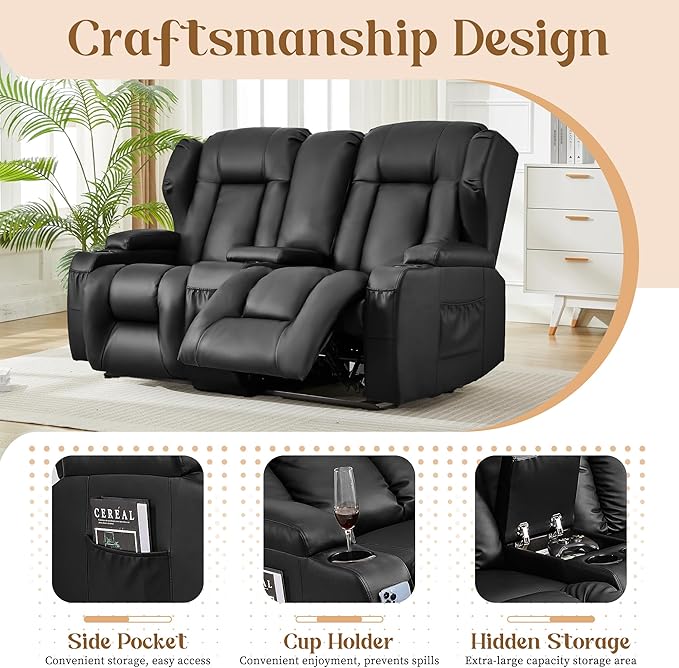 BINGTOO Manual Double Reclining Loveseat Sofa 2-Seater RV Wall Hugger Leather Couch for Living Room &amp Home Theater with Storage Console/Cup Holders/Side Pockets PU Black