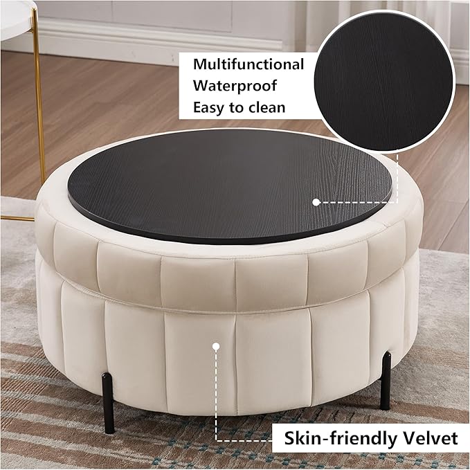 31.5 Round Ottoman with Storage BeigeReversible Lid Upholstered Ottoman Coffee TableModern Pumpkin-Shape Foot Stool for Living Room
