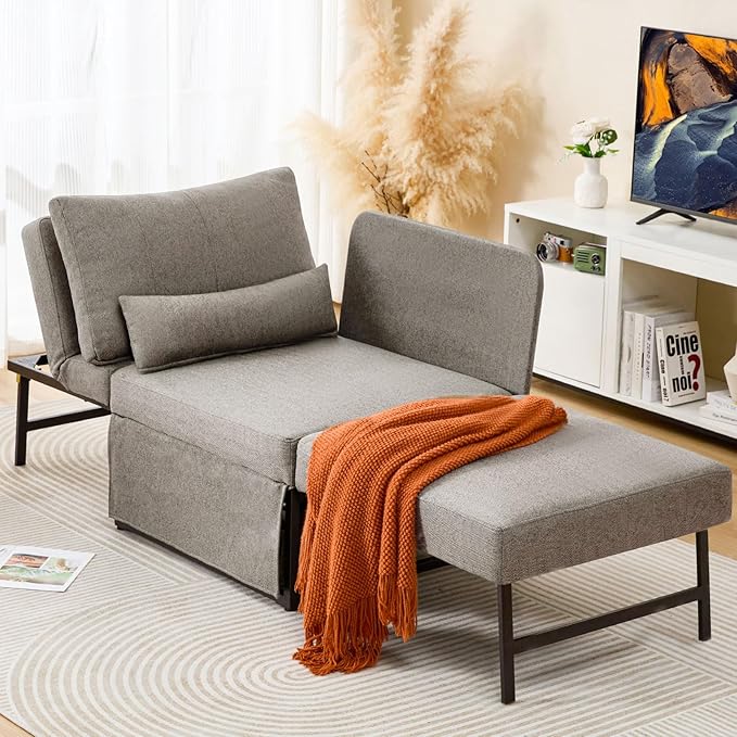 Sleeper Chair Bed Upgrade 4-in-1 to 5-in-1 Convertible Multi-fuction Sofa Chair w/Adjustable Backrest Assembly-Free Linen Folding Sofa Ottoman Bed for Living Room Apartment (Light Grey)