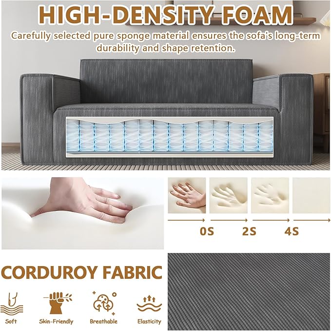 70 Grey Boneless Couches for Living Room Compressed Sofa Couch in a Box Corduroy Memory Foam Floor Couch for Adults Memory Foam Deep Seat No Assembly Required (Grey)