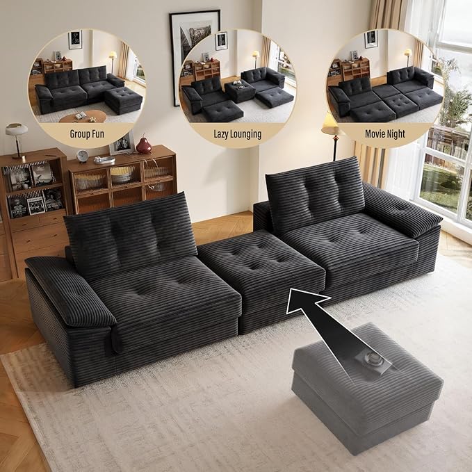 109.5 Loveseat Sofa with Ottoman Corduroy L Shape 3 Seater Couch Modular Sectional Couch for Living Room Small Spaces Apartment No Assembly Required Black