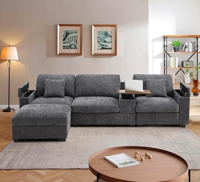 120.3 Modular Sectional Sofa Oversized Comfy Cloud Couch 4 Seater L Shaped Couch with Storage Armrest Ottoman USB Ports Cup Holder Table Modern Linen Couches for Living Room Gray