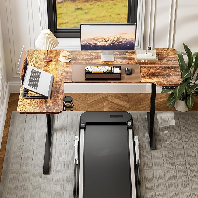 59 Inch L Shaped Standing Desk Electric Adjustable Height Corner Standing Desk Electric Sit Stand Table with Reversible Splice Boards for Computer Office Home (Rustic Brown)