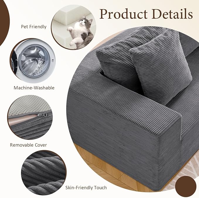 INGEROOM 108 Modular Cloud Sectional Couch with Deep Seat Boneless Sofa with Movable Ottoman Plush Corduroy Memory Foam Couch for Living Room No Assembly Dark Gray