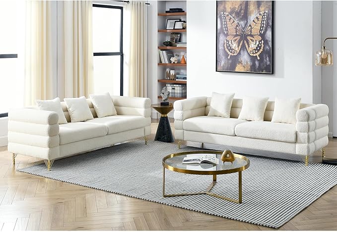 Loveseat Modern Sofa 81 Teddy Boucle Comfy Cloud Couch Upholstered Deep 3 Seater Sherpa Couch Set with Stylish Metal Legs for Living Room Home Office Bedroom Apartment White