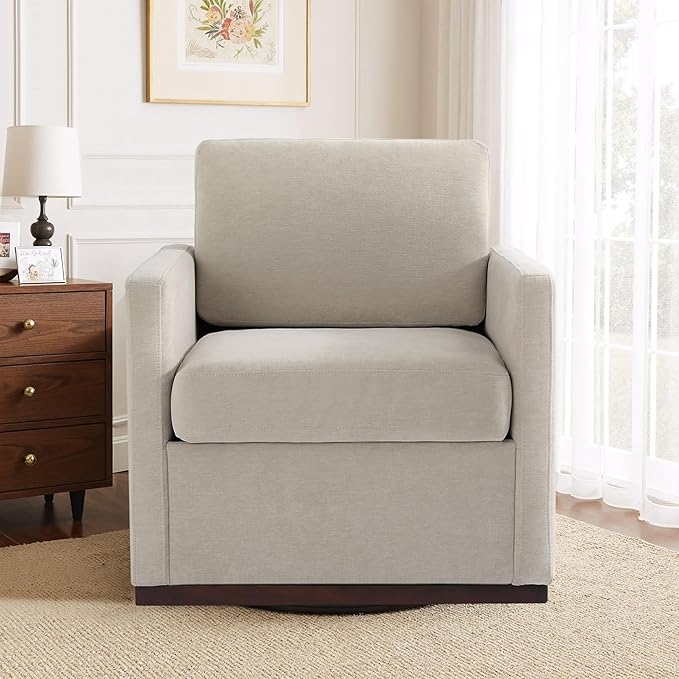 Swivel Accent Chair 360° Swivel Upholstered Club Armchairs for Living Room 31 Wide Square Single Sofa Reading Chair with Deep Seat Metal Swivel Base Chenille Fabric Sand