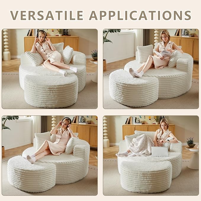 Oversized Round Chaise Lounge Chair Indoor with Ottoman Modern Upholstered Corduroy Circle Couch with Pillows Boneless Round Chairs for Living Room Apartroom No Assembly Required White
