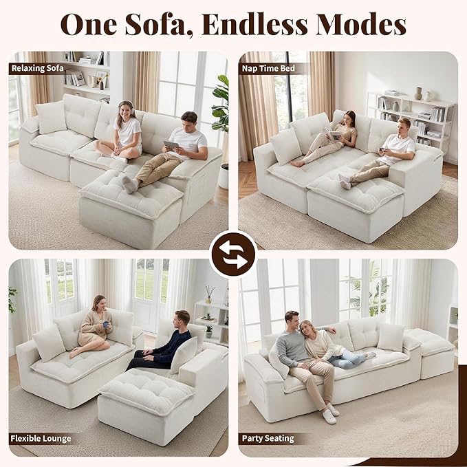 110 Modular Sectional Sofa Cloud Sectional Couch with Ottoman Modern L Shaped Sofa with Deep Seat Upholstered Boneless Couch for Living Room with Layered Cushion No Assembly Beige
