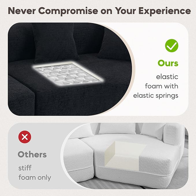 110'' Modern Curved Sofa Sectional Arc 4-Seater Foam Couch Compressed in-a-Box Boneless Cloud Couch with Extra-Deep-Wide Seats in Comfortable Chenille No Assembly Polar Black