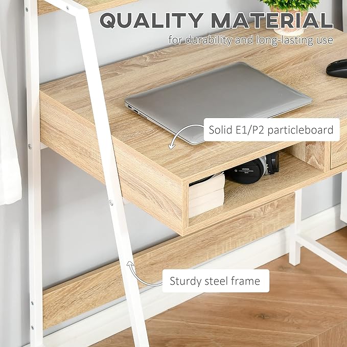 Home Office Desk Computer Desk for Small Spaces Writing Table with Drawer and Storage Shelves Natural