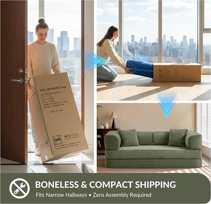 5-in-1 Convertible Sofa Bed Boneless Floor Couch Queen Size with Magic Pillow Blankets Zero-Assembly Sleeper Futon for Apartments Renters &amp Micro-Living Spaces Green