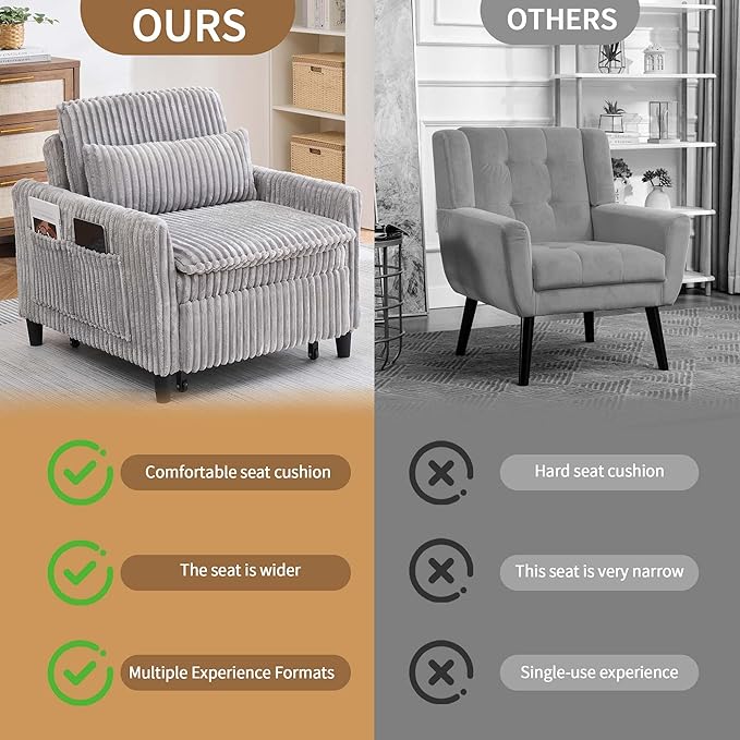 Modern Corduroy Fabric Sofa Bed Futon3 in 1 Convertible Pullout Bed Sleeper Couches with 3 Reclining BackrestsSmall Sofa Chair Bed for Living Room Bedroom (Light Grey)