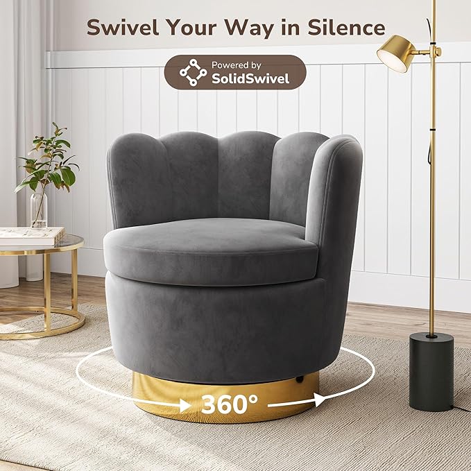 BELLEZE Swivel Accent Chair Velvet Modern Round Petal Swivel Barrel Chair 360° Upholstery Swivel Sofa Armchair Comfy Swivel Accent Chair for Living Room Bedroom - Lotus (Dark Grey)