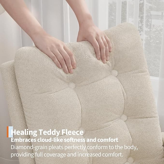 GarveeHome Nursery Rocking Chair with Adjustable Footrest Teddy Fleece Upholstery Sturdy Wooden Legs &amp High Backrest Comfortable Glider Rocking Chair for Living Room or Bedroom White