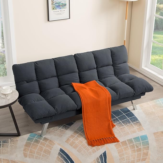 67” Convertible Futon Couch Bed Adjustable Pillow Top Arm Memory Foam Cloud Futons Loveseat Modern Light Gray Corduroy Mini Small Sofa Couches for Living Room