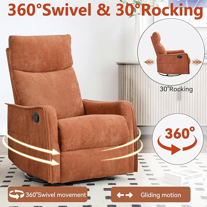 Heated Massage Recliner Chairs for Adults Swivel Rocking Chair Recliner with High Back Small Recliner Chair for Small Spaces Manual Lazy Boy Recliners for Living Room Pockets Fabric (Orange)