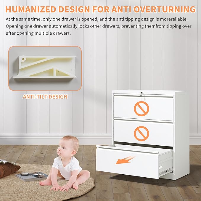 3 Drawer Small File Cabinet with Lock Locking Filing Cabinet for Home Office Under Desk Storage Cabinet Organizer with DrawersWhite