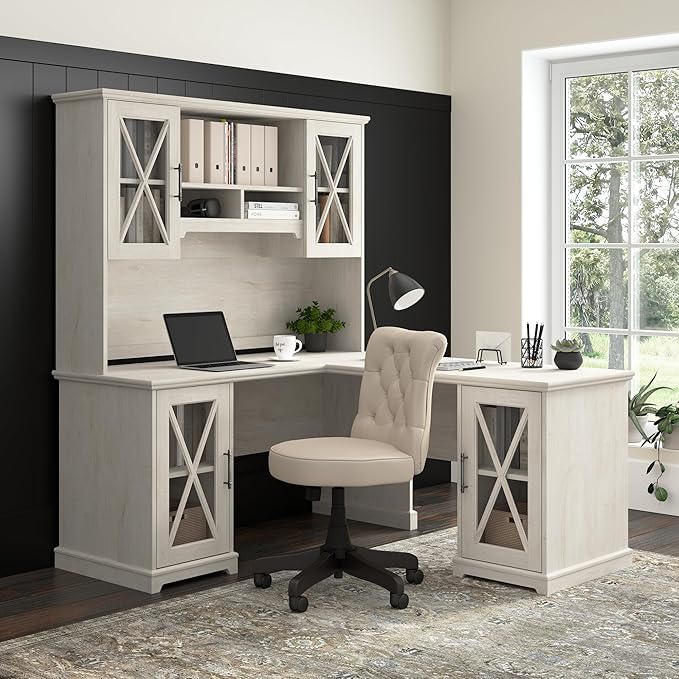 Bush Furniture Lennox 60W Farmhouse Desk with Storage Cabinet in Linen White Oak | Computer Table for Home Office Workspace