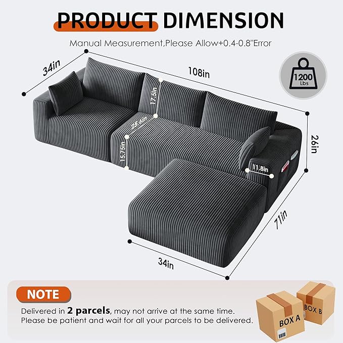 108 Cloud Couch Modular Sectional Sofa for Living RoomL Shaped Boneless Couch with Deep Seat ChaiseNo Assembly Required Foam Sleeper Sofa for ApartmentsPlush Corduroy Fabric Dark Gray