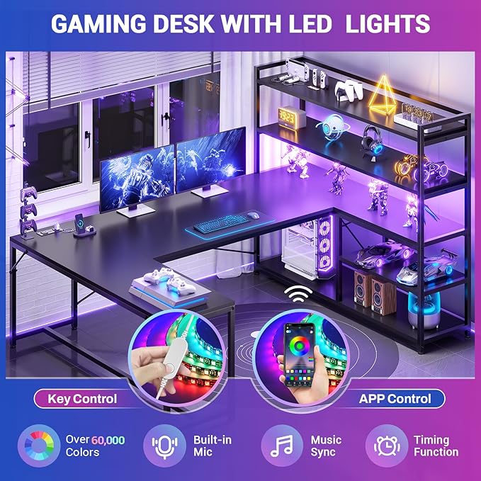 SEDETA L Shaped Gaming Desk 63'' Reversible Computer Desk with Power Outlet and Storage Shelves Corner Gaming Desk with LED Lights Bookshelf for Home Office Black