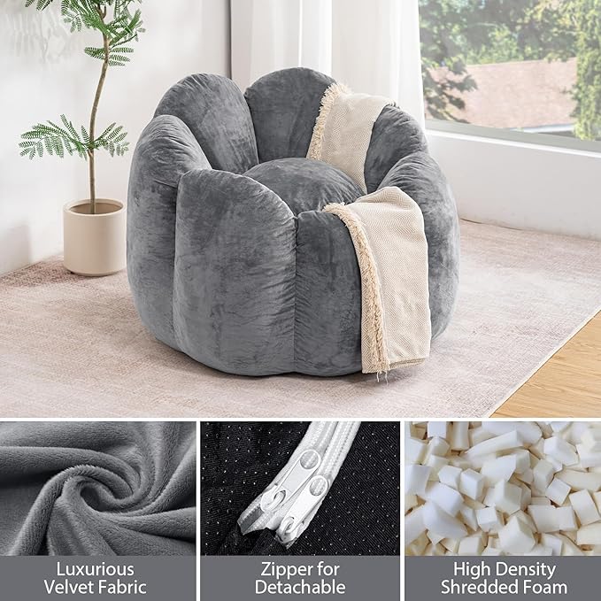 HOMMPA Bean Bag Chair for Adults Comfy Velvet Bean Bag Couch with Back Support Flower Shaped Oversized Sofa for Living RoomBedroomDormGrey
