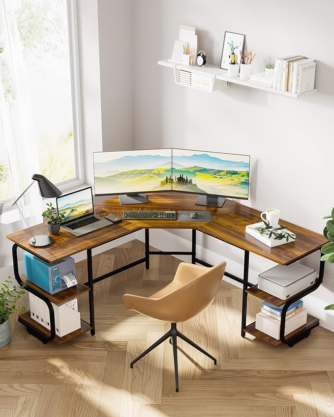 Teraves Modern L Shaped Desk with Shelves64.84 Computer/Gaming Desk for Home OfficeCorner Desk with Desktop (Teak+Black Frame Large+4 Tier Shelves)