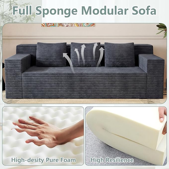 71 Cloud Loveseat SofaBoneless Deep Seat 2-Seater with 3 Pillows&ampSide PocketNo Assembly Foam Floor CouchPlush Corduroy Living Room Sofa for Small Space Apartment(Flat HandrailDark Grey)
