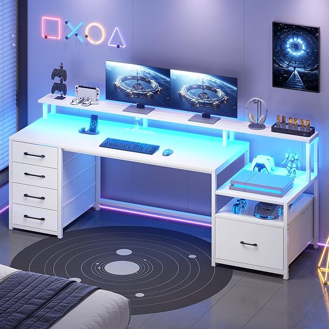 SEDETA White Computer Desk with 5 Drawer &amp Power Outlet 66'' Home Office Desk with File Drawer Storage Shelves Printer Cabinet and Monitor Shelf Gaming Desk with Led Lights