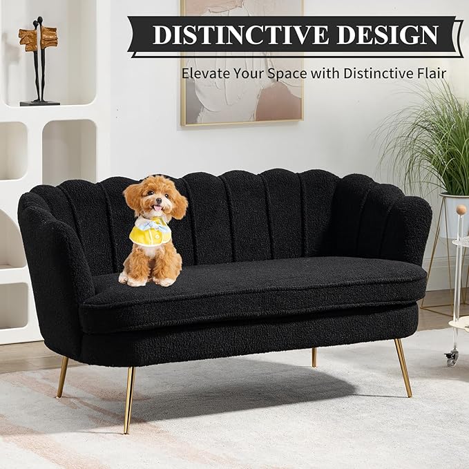 59 Wide Loveseat Sofa Boucle Upholstered Small Couch with Petal-Shaped Design Modern Leisure Sofa with Gold Metal Legs Mini Room Couch for Bedroom Apartment (Black-Boucle)