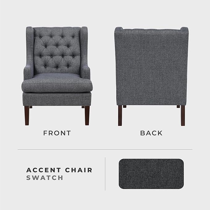 Lexicon Living Room Accent Chair Textured Fabric Upholstered Reading Chair Button-Tufted High Wingback for Living Room/Bedroom/Office Charcoal