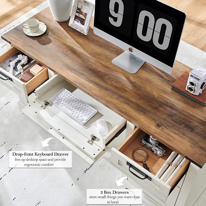 RedLemon 60 Farmhouse Executive Desk Home Office Desk with Drawers Charging Station Keyboard Tray File Drawer Storage Cabinet Wood Rustic Computer Writing Desk (Antique White)